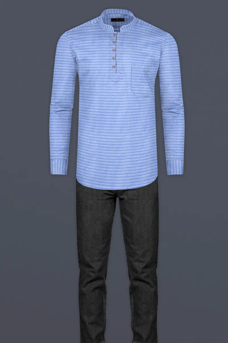 Wild Blue Horizontal Blue Shadow Striped Textured Dobby Kurta Shirt 7
