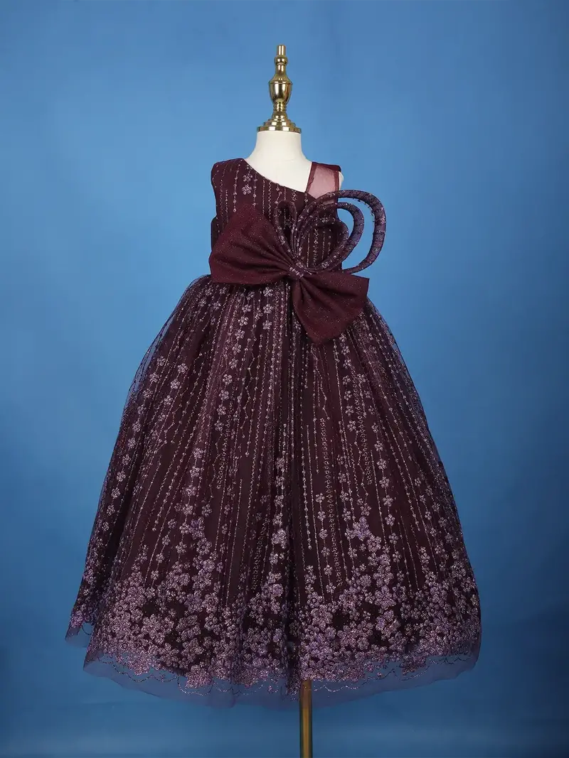 Wine 3D Butterfly Applique One-Shoulder Kids Net Gown 1