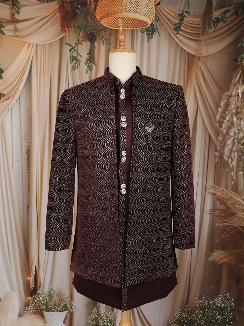 Wine Abstract Design Velvet Indo-Western Sherwani 1