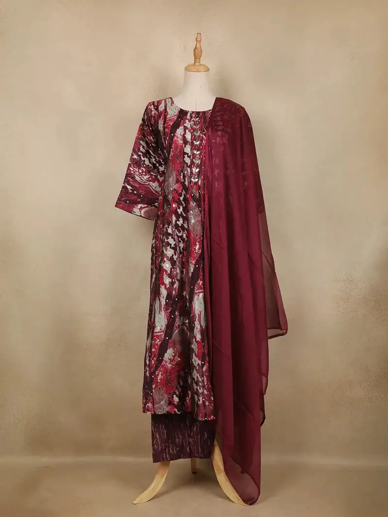 Wine Abstract Printed Cotton Salwar Suit With Dupatta 1
