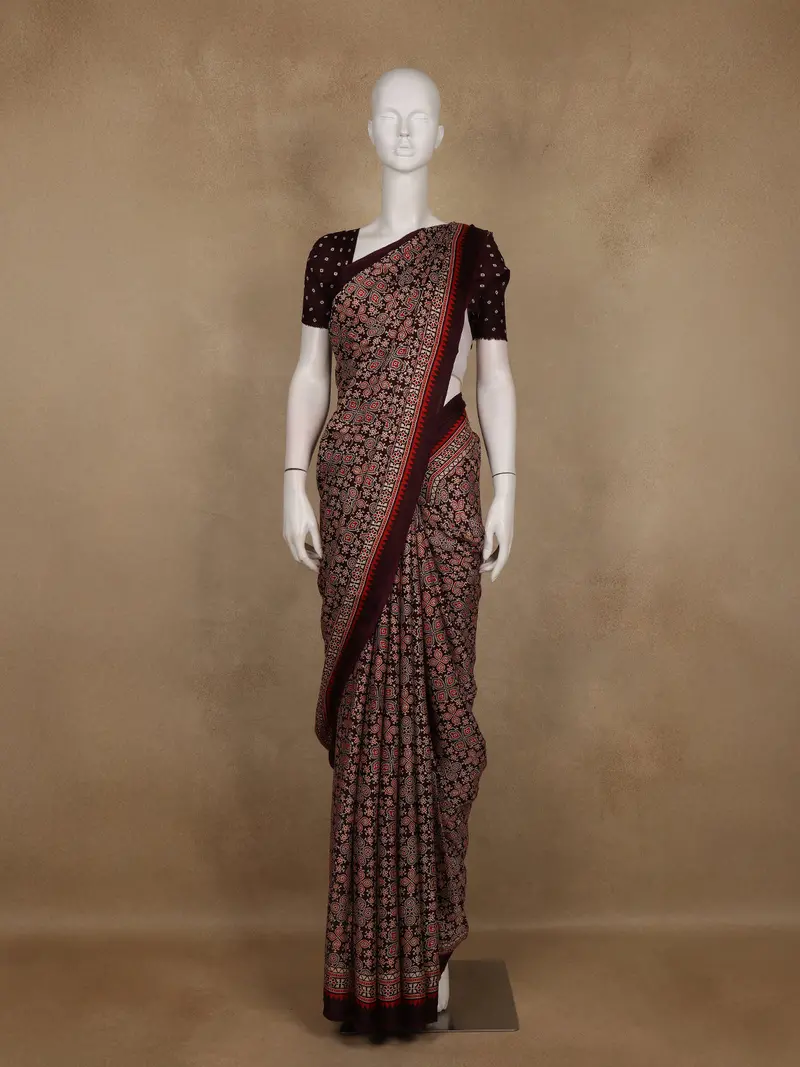 Wine Ajrakh Print Mul Mul Cotton Saree 1