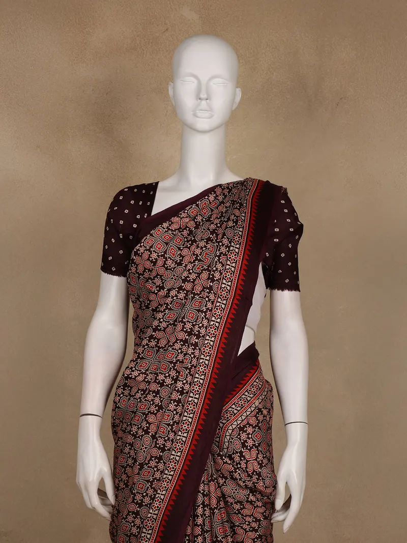 Wine Ajrakh Print Mul Mul Cotton Saree 2