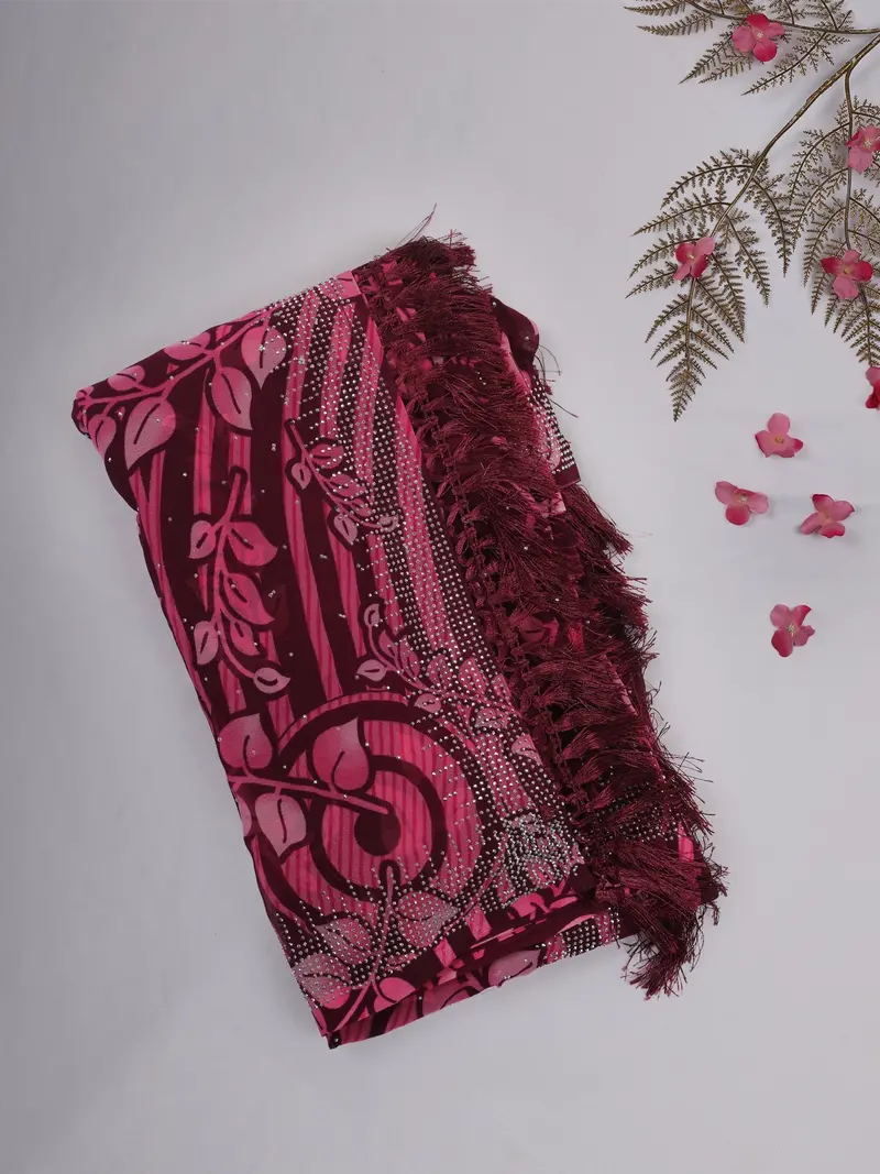 Wine And Pink Floral Printed Design Chiffon Saree With Stone Embellished Border 1