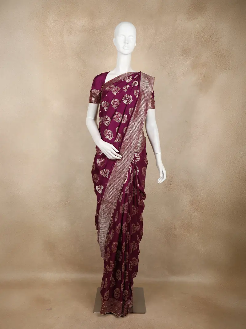 Wine Banarasi Saree With Floral Design And Designer Border 1