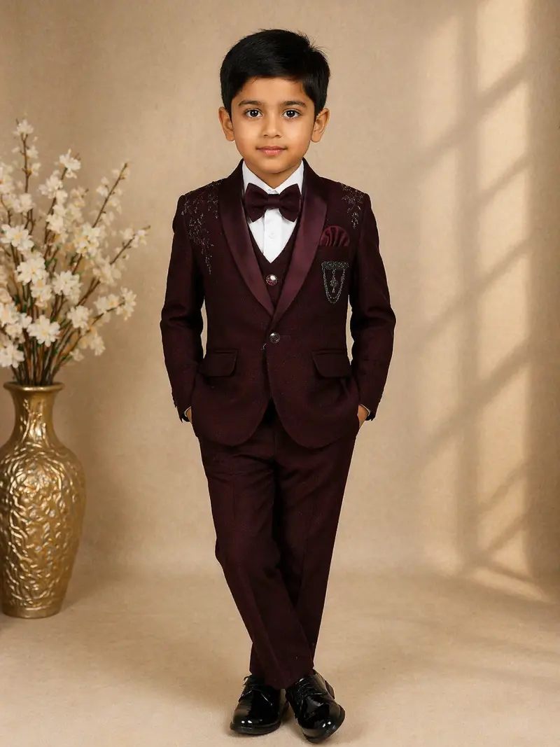 Wine Beads Embroidered Kids Party Wear Polyester Suit Set 1