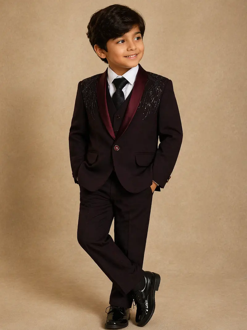 Wine Beads Embroidered Kids Party Wear Polyester Suit Set 1