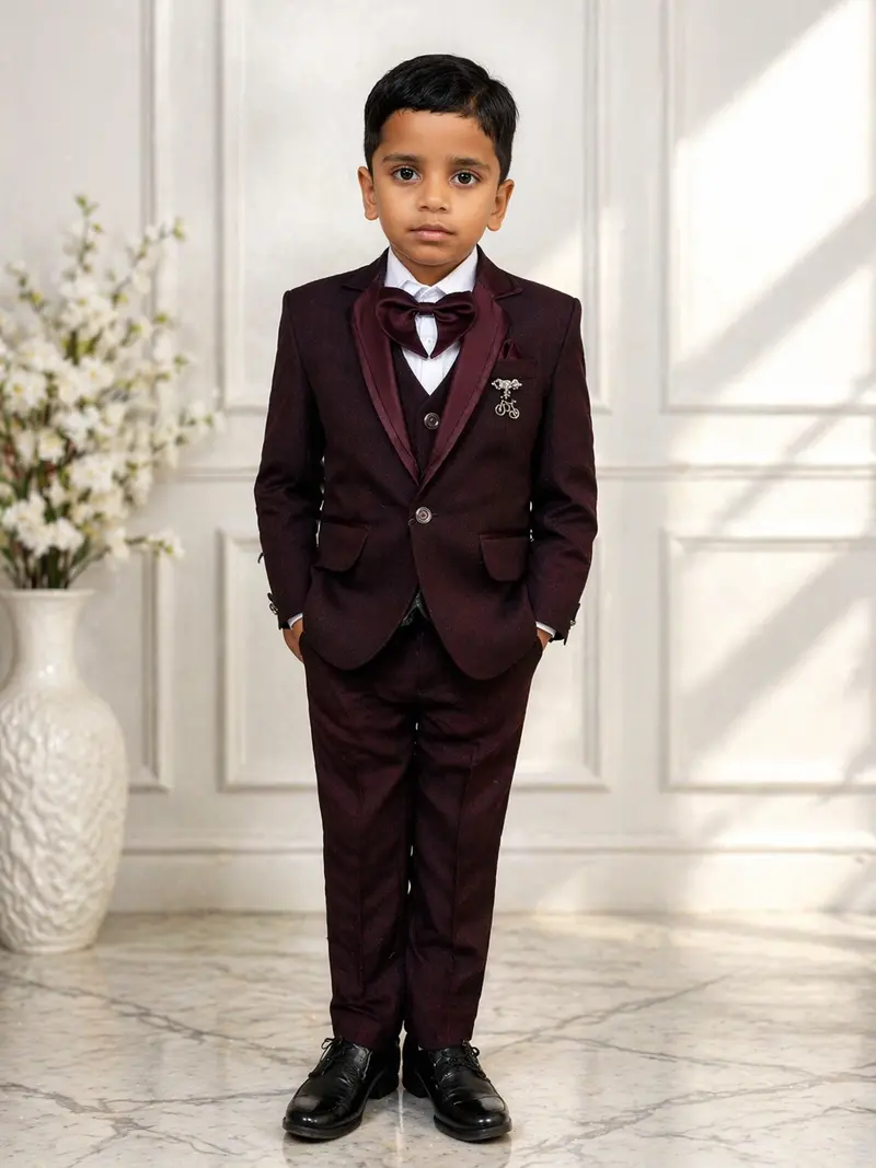 Wine Beads Embroidered Kids Party Wear Polyester Suit Set 1