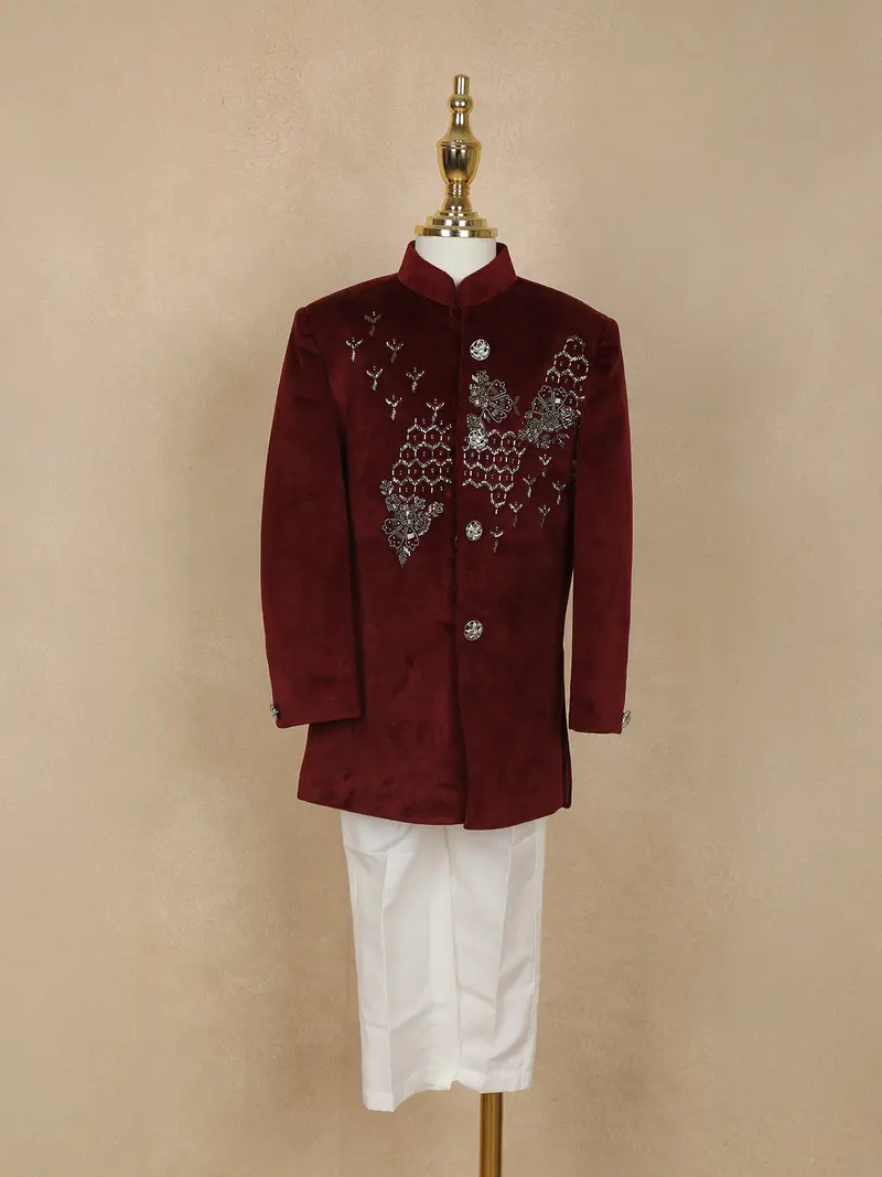 Wine Beads Embroidered Kids Velvet Sherwani Set With White Pant 1