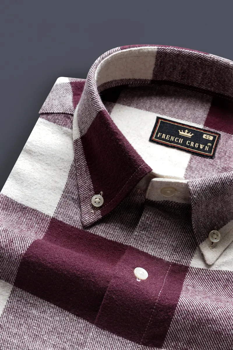 Wine Berry And Bright White Checked Heavyweight Flannel Cotton Shirt 1