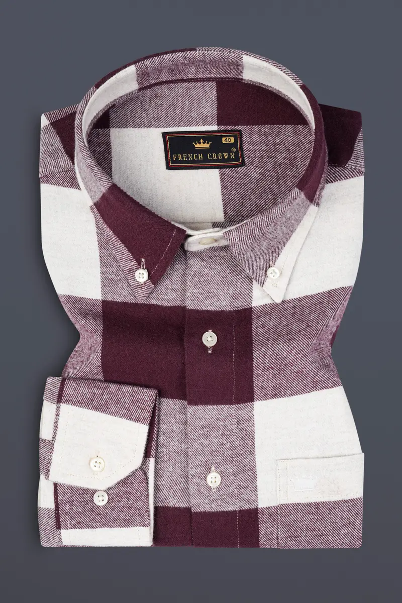 Wine Berry And Bright White Checked Heavyweight Flannel Cotton Shirt 3