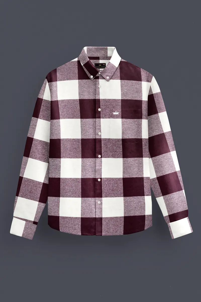 Wine Berry And Bright White Checked Heavyweight Flannel Cotton Shirt 4