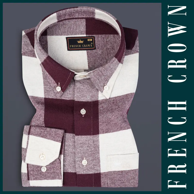 Wine Berry And Bright White Checked Heavyweight Flannel Cotton Shirt 6