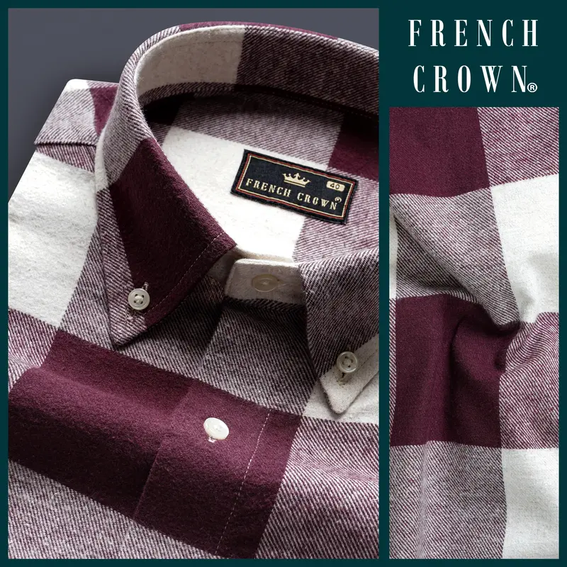 Wine Berry And Bright White Checked Heavyweight Flannel Cotton Shirt 9