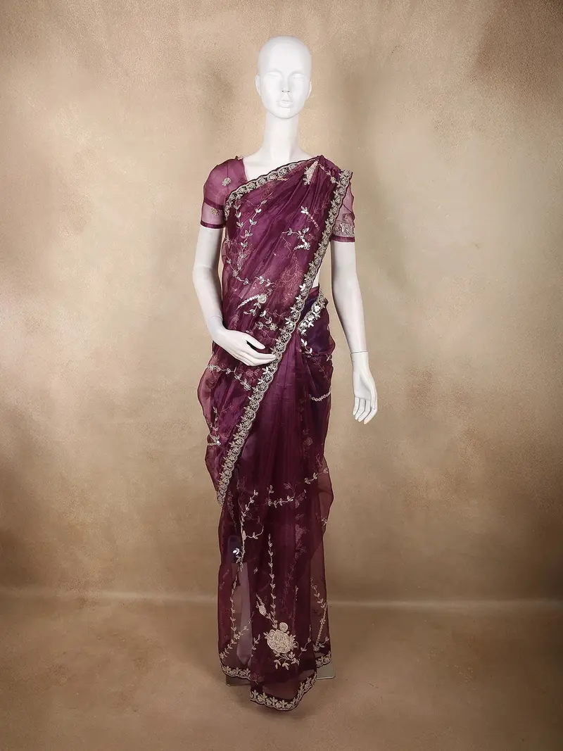 Wine Berry Maroon Floral Sequins Embroidered Design Organza Designer Saree 1