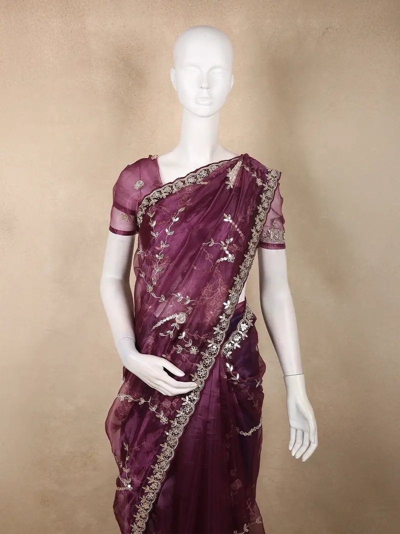 Wine Berry Maroon Floral Sequins Embroidered Design Organza Designer Saree 2