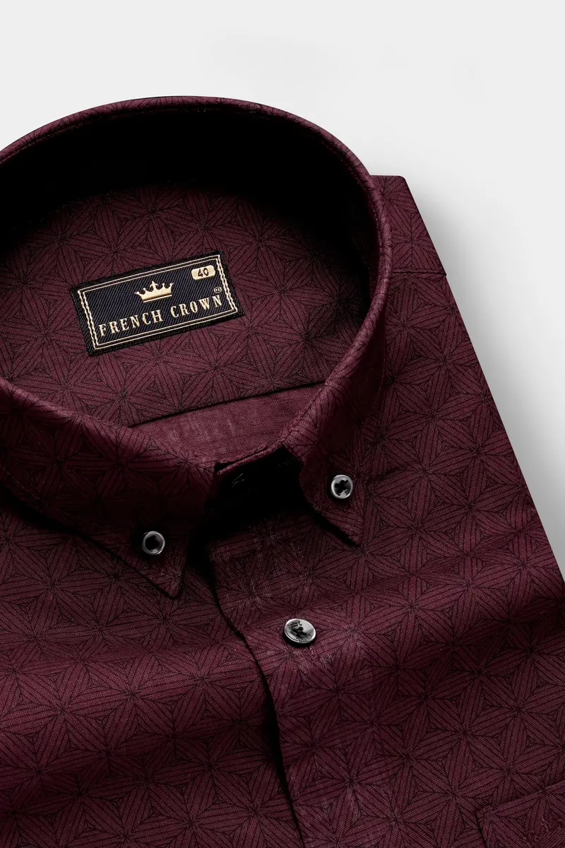 Wine Berry Maroon Printed Premium Giza Cotton Semi Formal Shirt 1