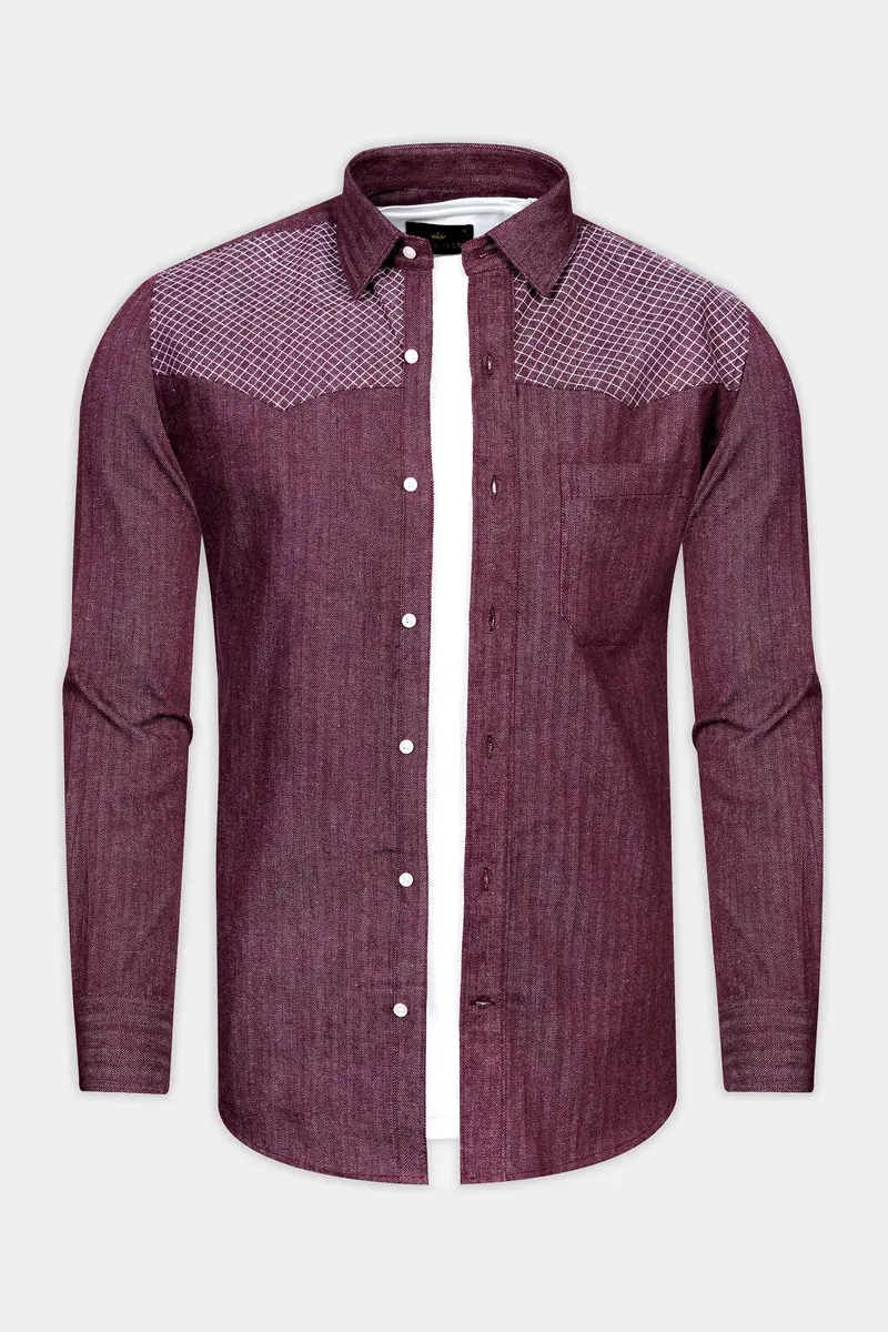 Wine Berry Red Heavyweight Herringbone Striped Premium Cotton Designer Overshirt/Shacket 2