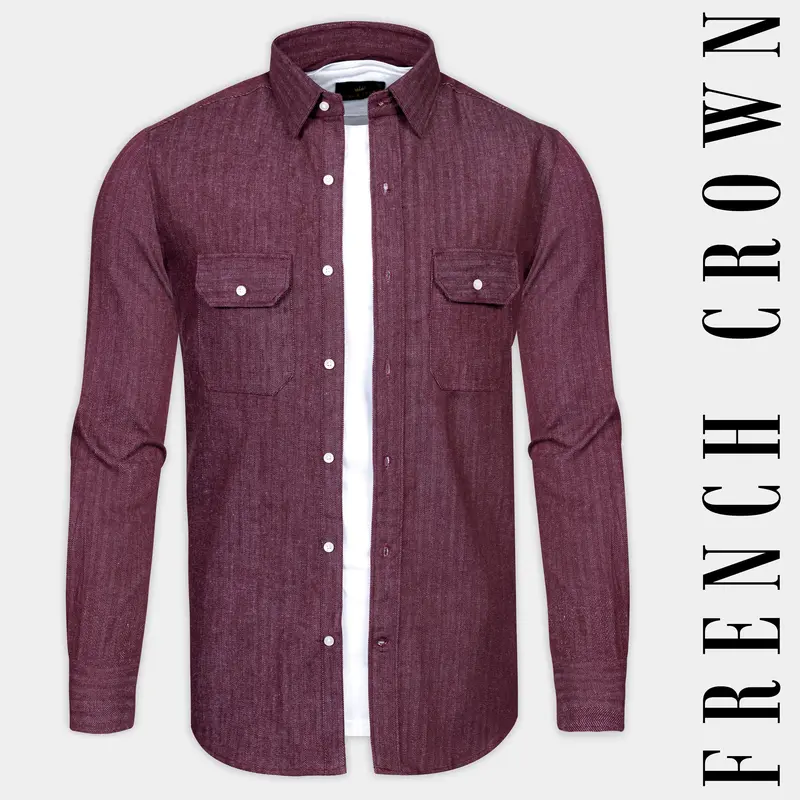 Wine Berry Red Heavyweight Herringbone Striped Premium Cotton Overshirt/Shacket 1