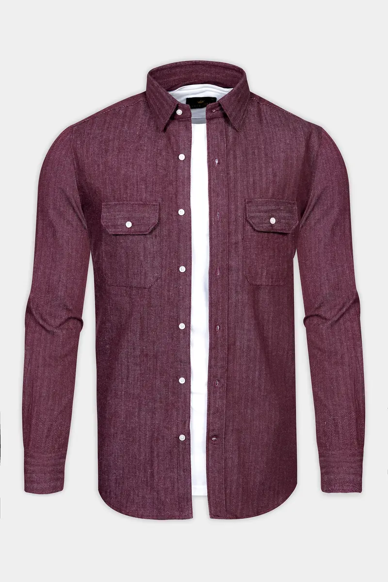 Wine Berry Red Heavyweight Herringbone Striped Premium Cotton Overshirt/Shacket 2