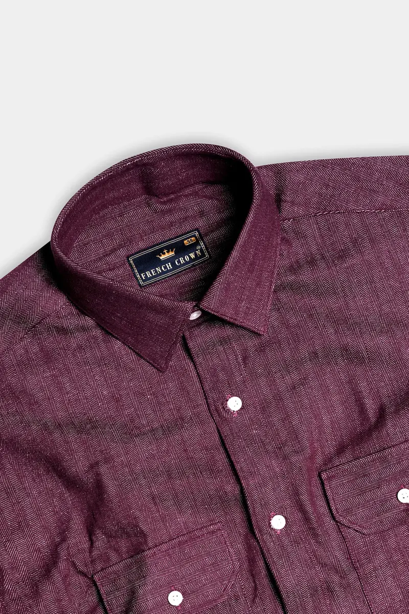 Wine Berry Red Heavyweight Herringbone Striped Premium Cotton Overshirt/Shacket 4