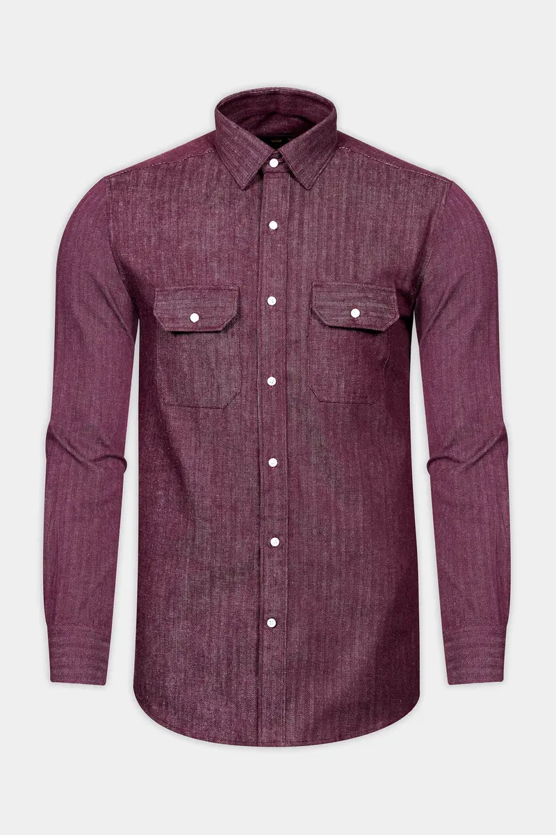 Wine Berry Red Heavyweight Herringbone Striped Premium Cotton Overshirt/Shacket 5