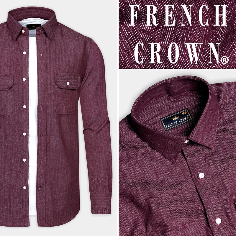 Wine Berry Red Heavyweight Herringbone Striped Premium Cotton Overshirt/Shacket 8