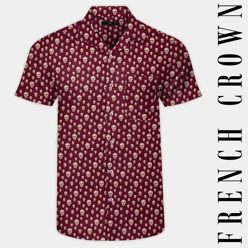 Wine Berry Red Skull Printed Poplin Cotton Shirt 1