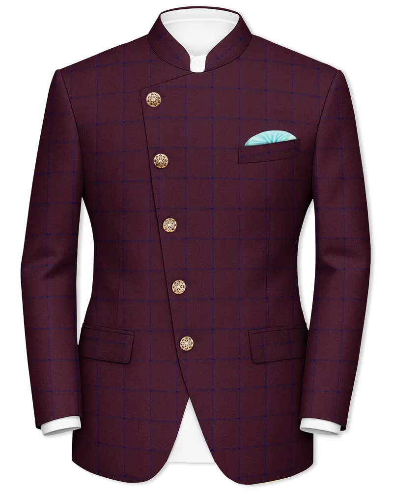 Wine Berry With Haiti Blue Windowpane Cross Placket Bandhgala Blazer 1