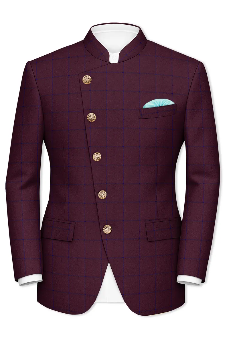 Wine Berry With Haiti Blue Windowpane Cross Placket Bandhgala Blazer 2