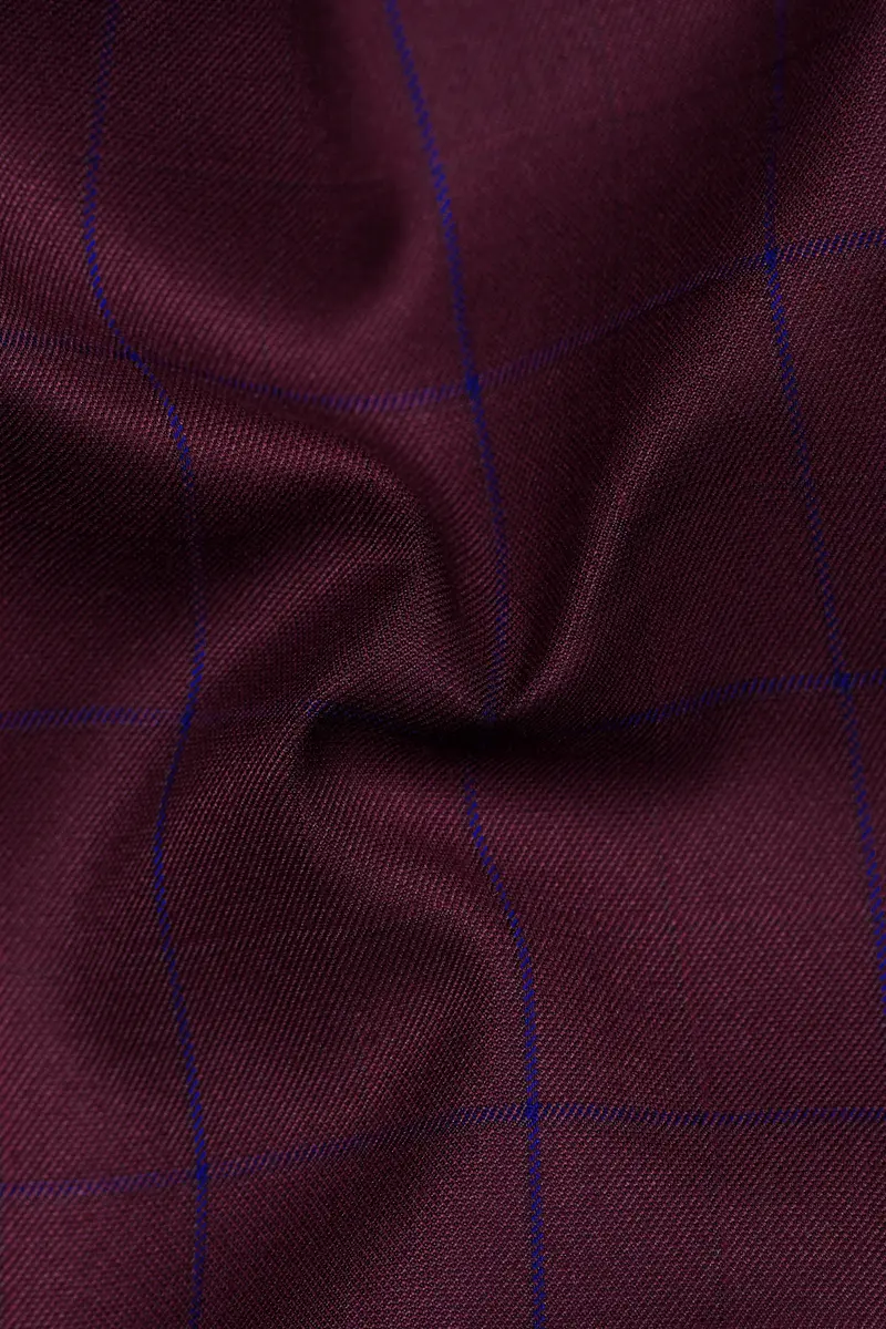 Wine Berry With Haiti Blue Windowpane Cross Placket Bandhgala Blazer 3