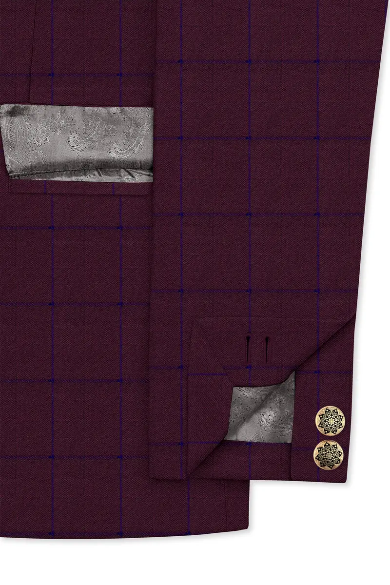 Wine Berry With Haiti Blue Windowpane Cross Placket Bandhgala Blazer 4