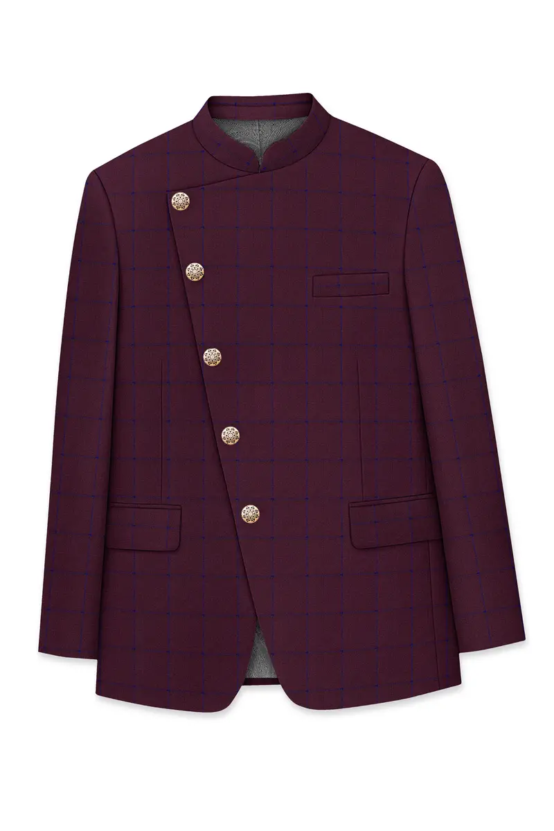Wine Berry With Haiti Blue Windowpane Cross Placket Bandhgala Blazer 5