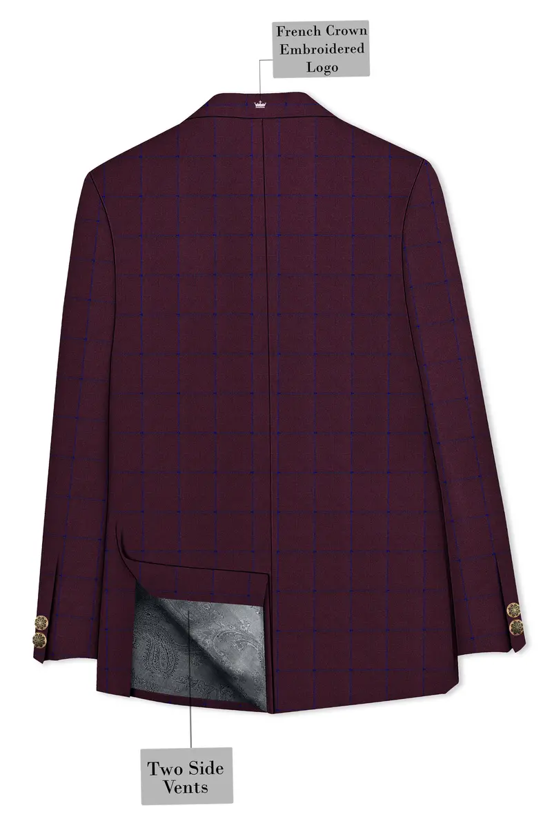 Wine Berry With Haiti Blue Windowpane Cross Placket Bandhgala Blazer 6