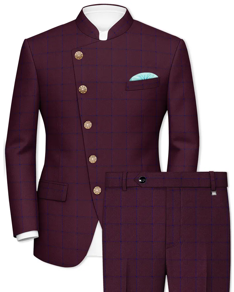 Wine Berry With Haiti Blue Windowpane Cross Placket Bandhgala Suit 1