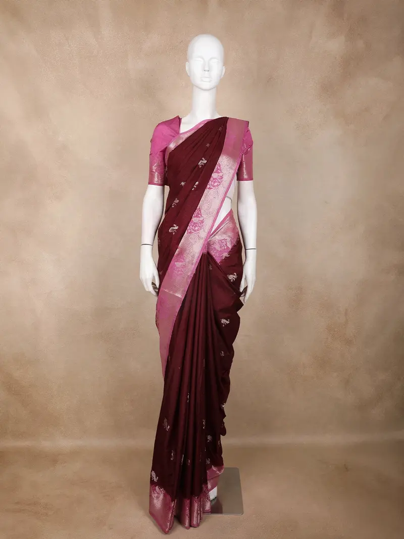 Wine Birds Woven Raw Silk Saree With Contrast Pink Zari Border 1