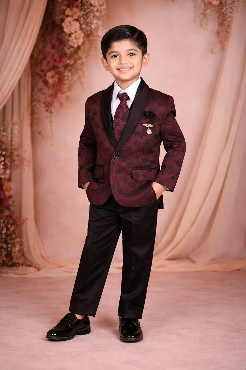 Wine Black Floral Design Kids Party Wear Linen Suit Set 1