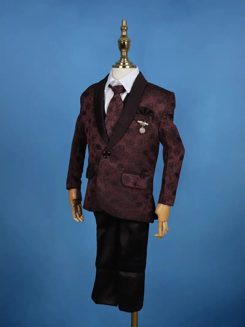 Wine Black Floral Design Kids Party Wear Linen Suit Set 5