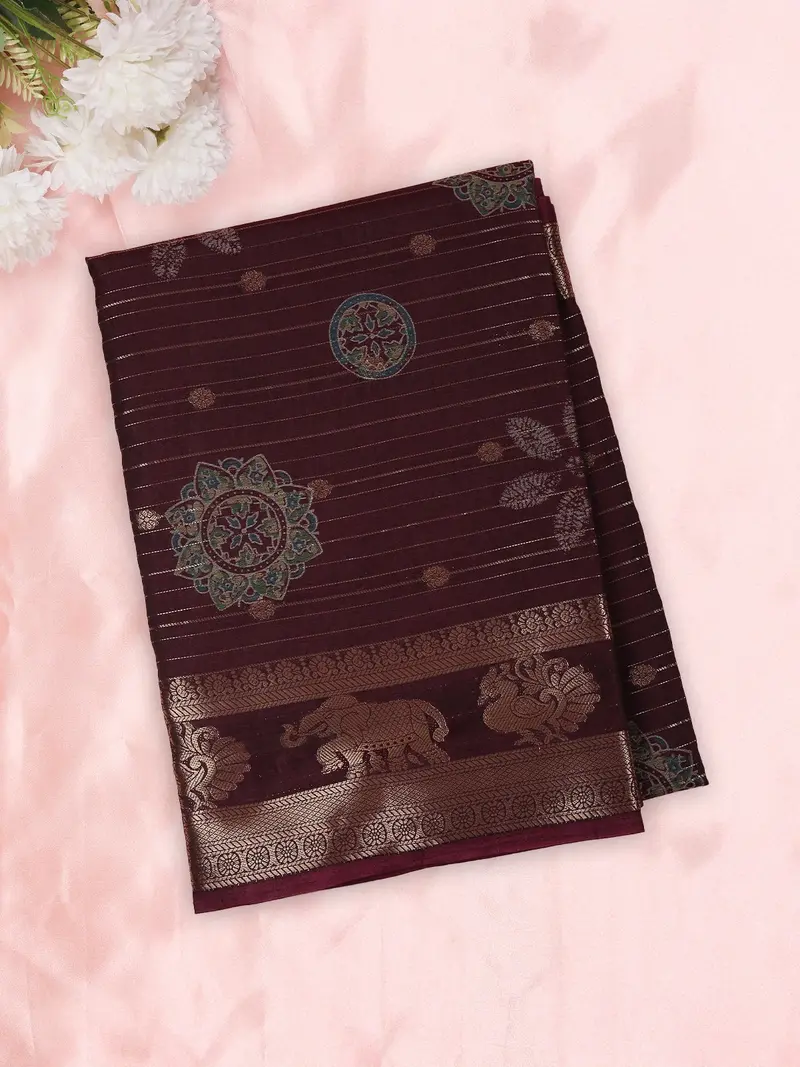Wine Burgundy Geometric Woven Design Semi Silk Saree With Animal Motif  Border 1