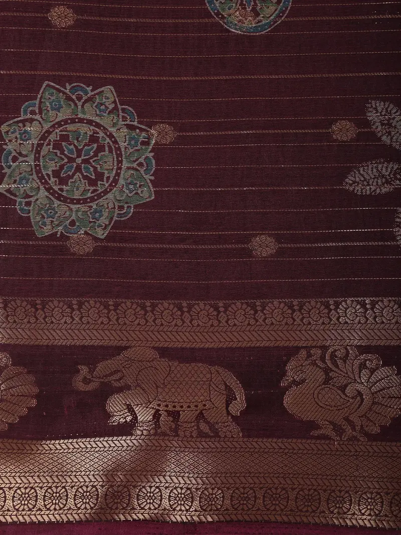 Wine Burgundy Geometric Woven Design Semi Silk Saree With Animal Motif Border 2