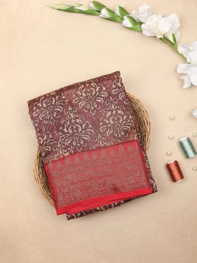 Wine Chanderi Silk Saree With Baroque Damask Design On The Body With Contrast Border 1