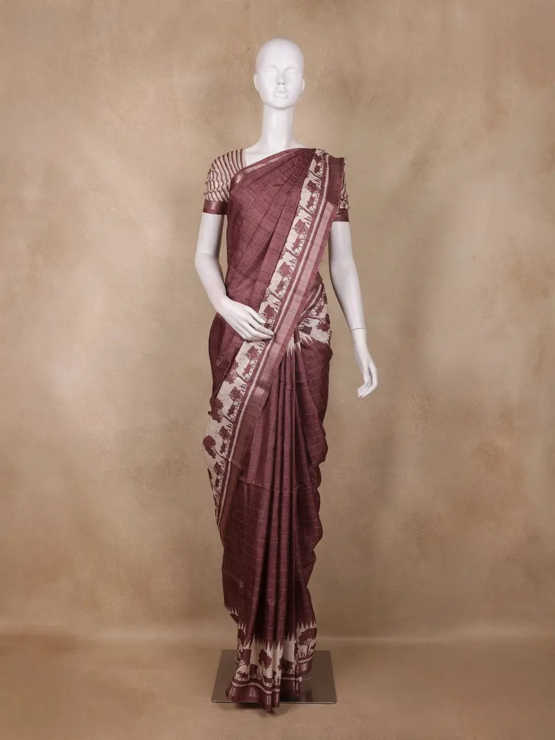Wine Checked Design Semi Tussar Silk Saree 1