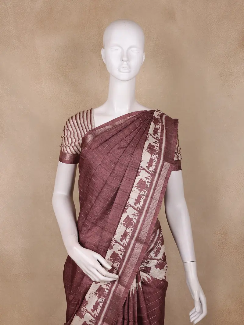Wine Checked Design Semi Tussar Silk Saree 2