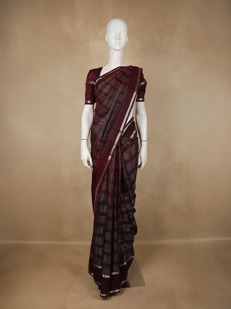 Wine Checked Zari Woven Design Kanchipuram Silk Saree With Silver Zari Border 1