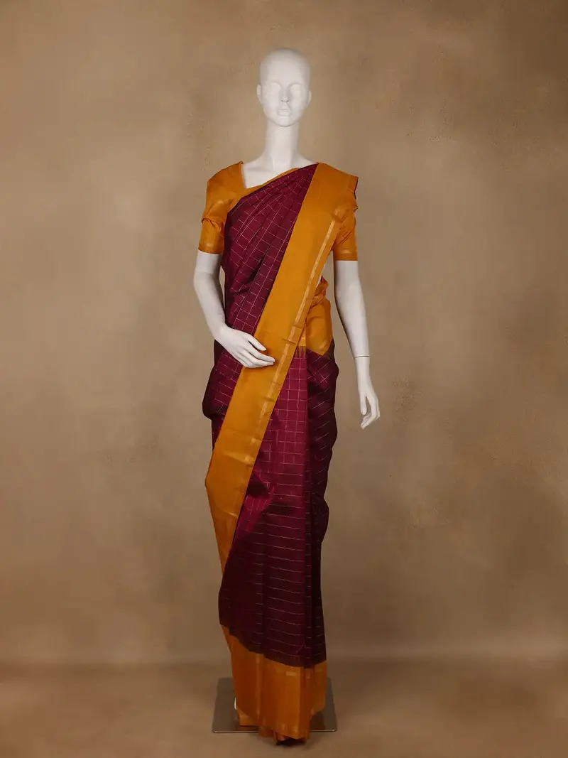 Wine Checks Woven Pure Kanchipuram Silk Saree 1