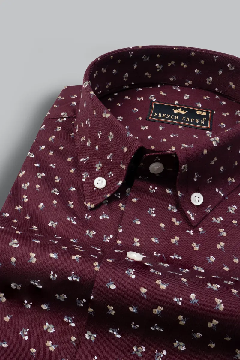 Wine Color With Ditsy Flower Printed Twill Premium Cotton Shirt 1