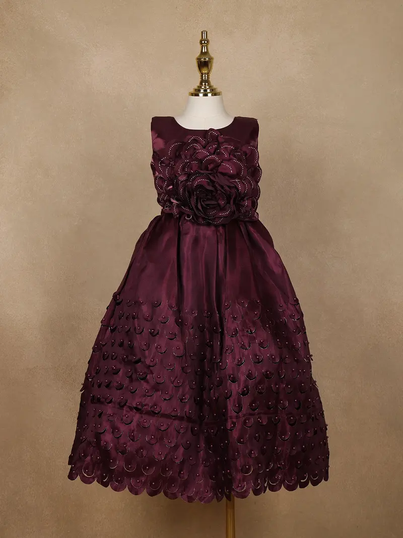 Wine Embellished Design Satin Kids Gown With 3D Rose Appliqué 1