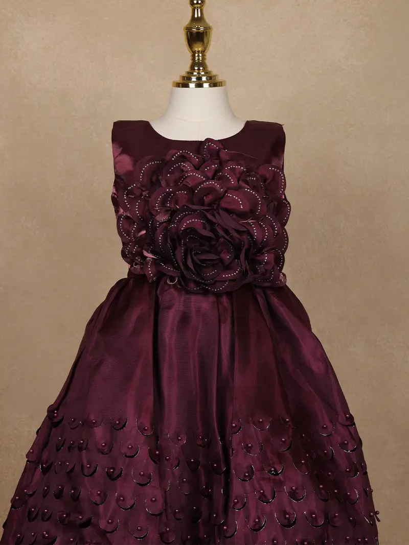 Wine Embellished Design Satin Kids Gown With 3D Rose Appliqué 2