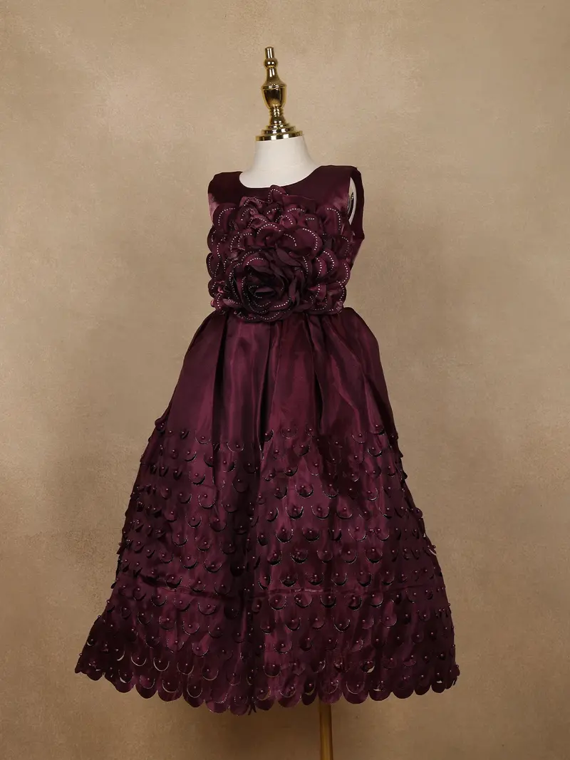 Wine Embellished Design Satin Kids Gown With 3D Rose Appliqué 3