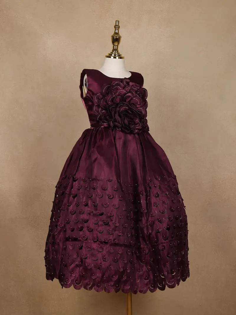 Wine Embellished Design Satin Kids Gown With 3D Rose Appliqué 4