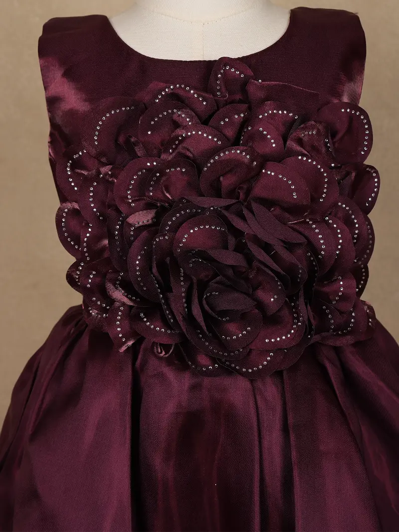Wine Embellished Design Satin Kids Gown With 3D Rose Appliqué 5